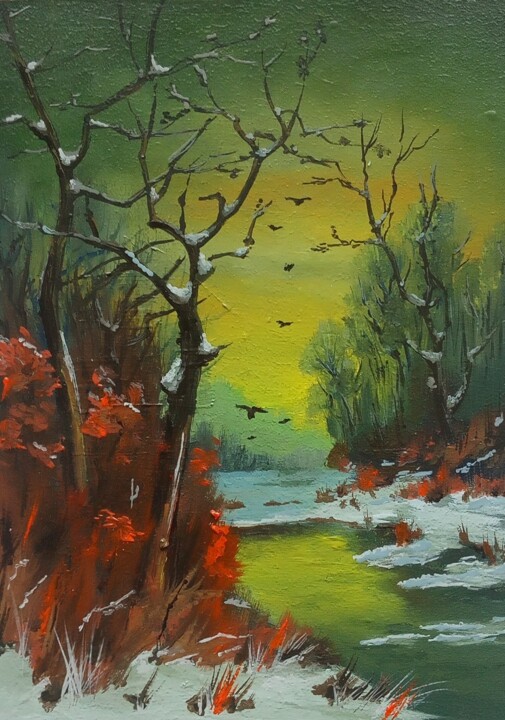 Peinture intitulée "утро в зимнем лесу" par Ivan Lendel, Œuvre d'art originale, Huile