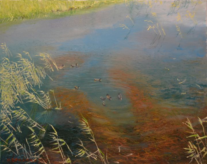 Painting titled "Ducks on the lake #…" by Ivan Ormanzhi, Original Artwork, Oil