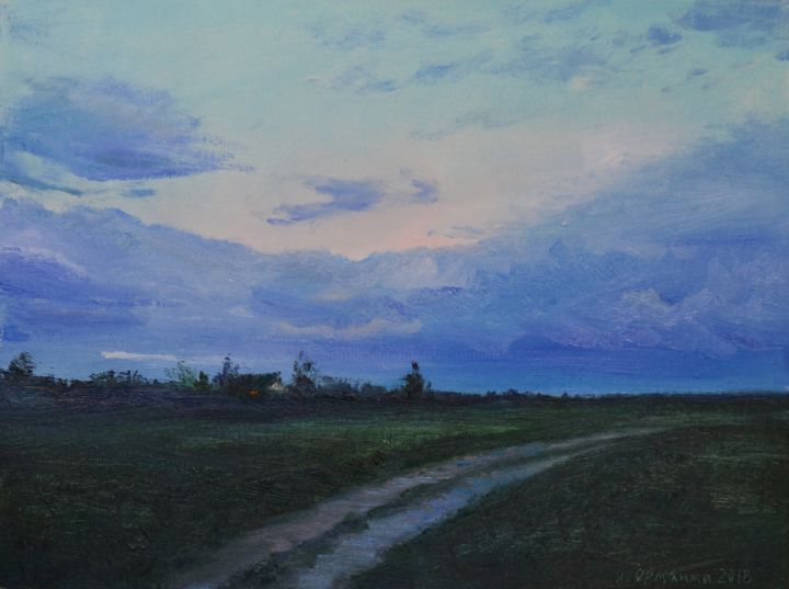 Painting titled "Evening in the field" by Ivan Ormanzhi, Original Artwork, Oil