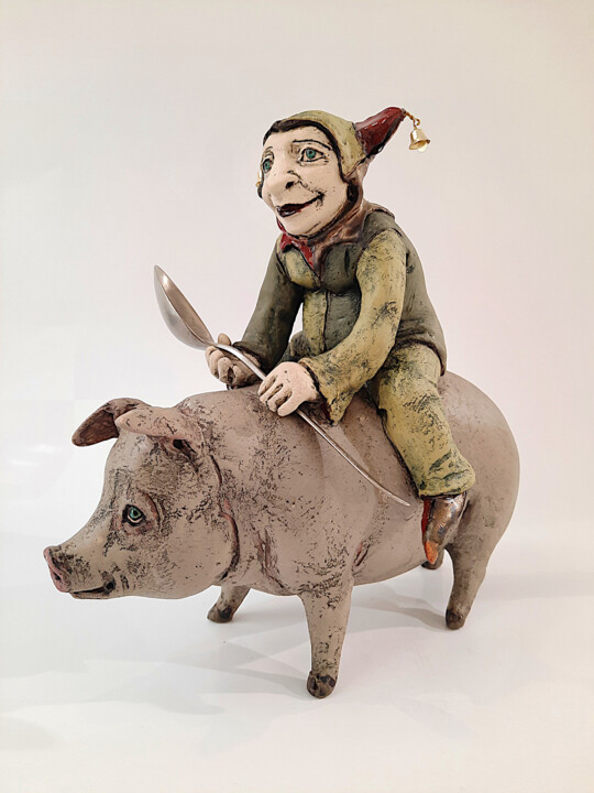 Sculptuur getiteld "Clown with a Pig" door Ivan Panov, Origineel Kunstwerk, Keramiek