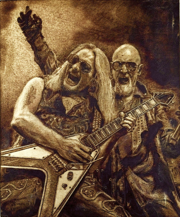 Drawing titled "Judas Priest" by Ivan Tokushev, Original Art, Engraving Mounted on Wood Panel