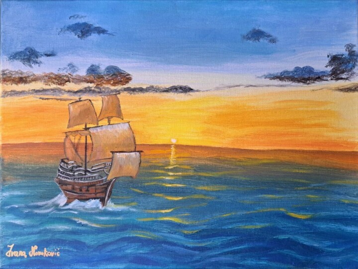 Painting titled "Sunset skyscape" by Ivana Novakovic, Original Artwork, Oil