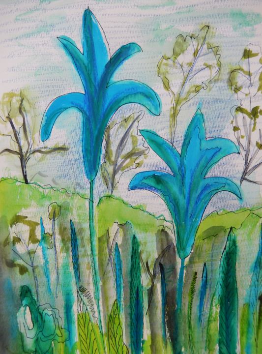 Painting titled "In the garden II." by Ivana Pelouchová (IVANEL), Original Artwork, Watercolor