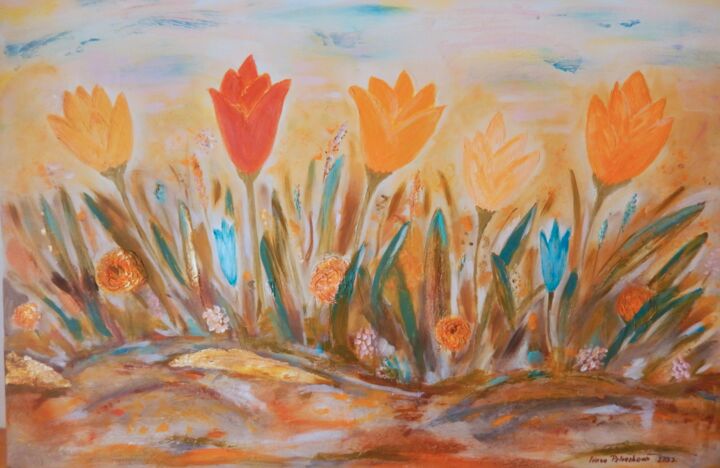 Peinture intitulée "Tulips in the garden" par Ivana Pelouchová (IVANEL), Œuvre d'art originale, Acrylique Monté sur Châssis…