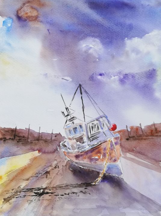 Malerei mit dem Titel "Boat on a sand" von Marko Ivancevic, Original-Kunstwerk, Aquarell