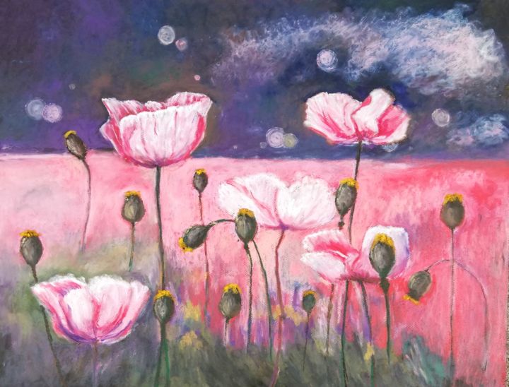 Malerei mit dem Titel "poppies field paint…" von Marko Ivancevic, Original-Kunstwerk, Pastell