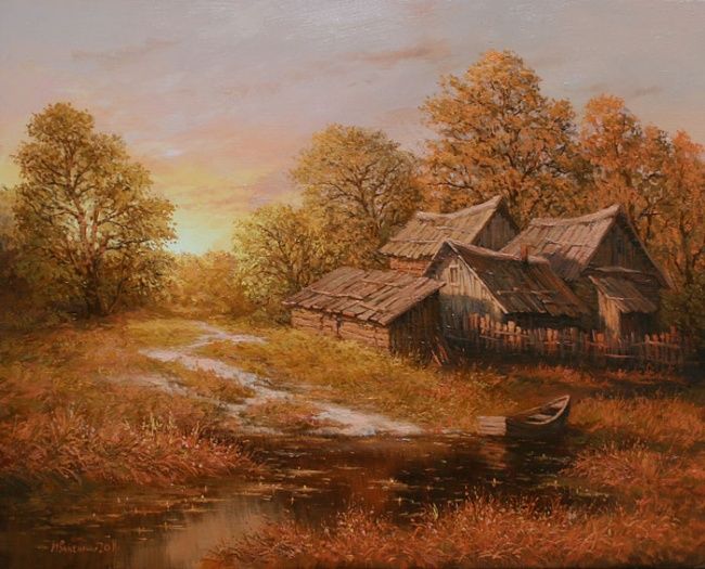 Painting titled "five houses" by Ivanenko, Original Artwork, Oil