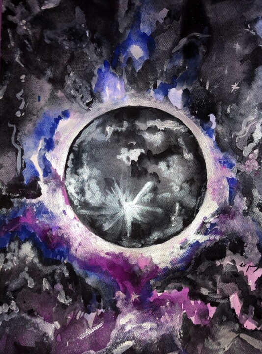 Painting titled "Black full moon in…" by Ivanna Mois, Original Artwork, Watercolor