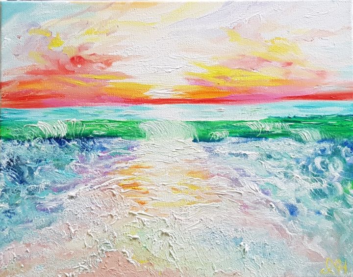 Painting titled "Sea at red and pink…" by Ivelina Hrytsylo, Original Artwork, Oil