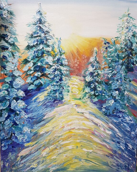 Painting titled "Winter trees at sun…" by Ivelina Hrytsylo, Original Artwork, Oil