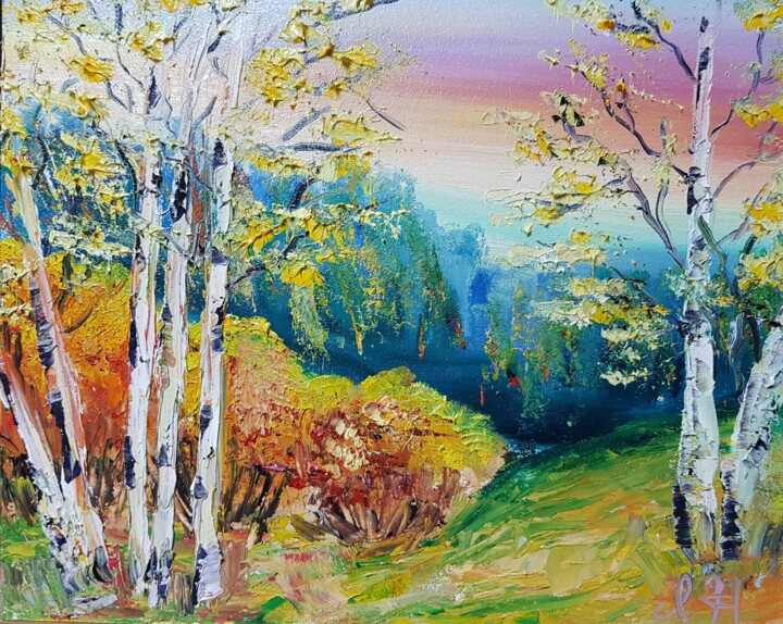 Painting titled "Birches in the autu…" by Ivelina Hrytsylo, Original Artwork, Oil