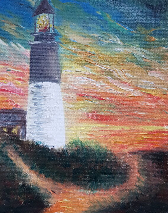 Картина под названием "Lighthouse at sunset" - Ivelina Hrytsylo, Подлинное произведение искусства, Масло