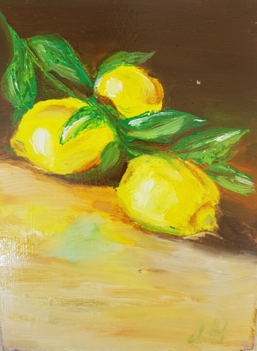 Картина под названием "Lemons on the table" - Ivelina Hrytsylo, Подлинное произведение искусства, Масло