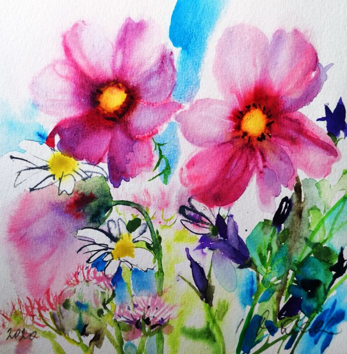 Pintura intitulada "Meadow Flowers" por Im, Obras de arte originais, Aquarela