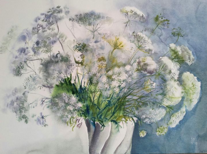 Pintura intitulada "White Bouquet" por Im, Obras de arte originais, Aquarela