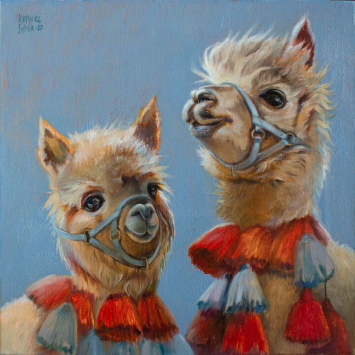 Painting titled "Alpacas" by Katya Ivleva, Original Artwork, Oil Mounted on Wood Stretcher frame
