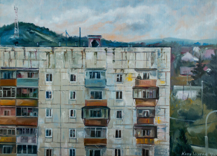 Painting titled "House" by Katya Ivleva, Original Artwork, Oil Mounted on Wood Stretcher frame