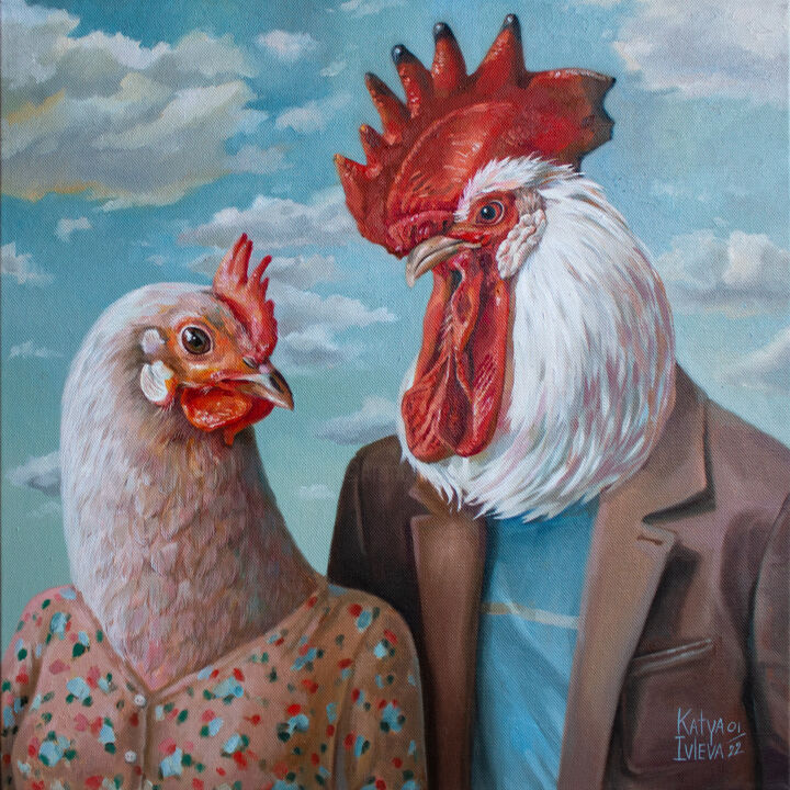 Painting titled "Chicken and cockerel" by Katya Ivleva, Original Artwork, Oil Mounted on Wood Stretcher frame