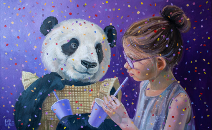 Painting titled "A girl and a panda.…" by Katya Ivleva, Original Artwork, Oil Mounted on Wood Stretcher frame