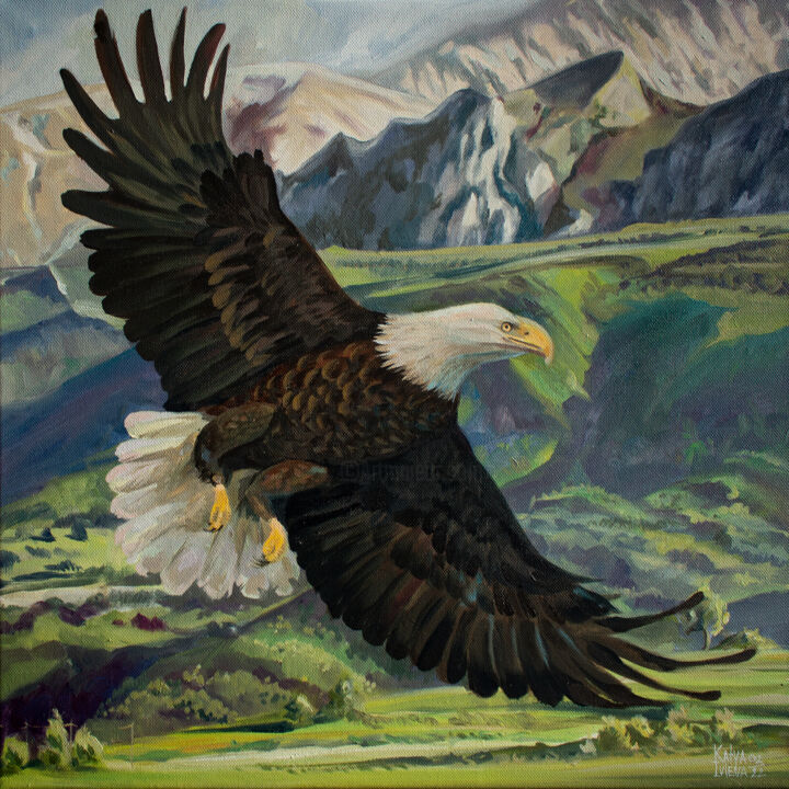 Painting titled "Eagle soaring over…" by Katya Ivleva, Original Artwork, Oil Mounted on Wood Stretcher frame