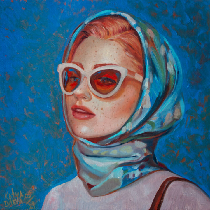 Painting titled "Girl with glasses" by Katya Ivleva, Original Artwork, Oil Mounted on Cardboard