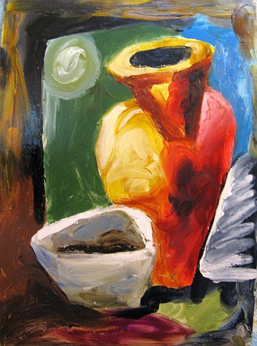 Painting titled "Jug and Plate" by Ixygon, Original Artwork, Oil