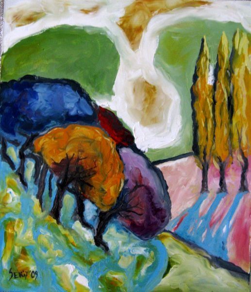 Painting titled "Three Poplar Tree" by Ixygon, Original Artwork, Oil