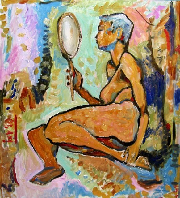 Painting titled "Nude with mirror" by Ixygon, Original Artwork, Oil