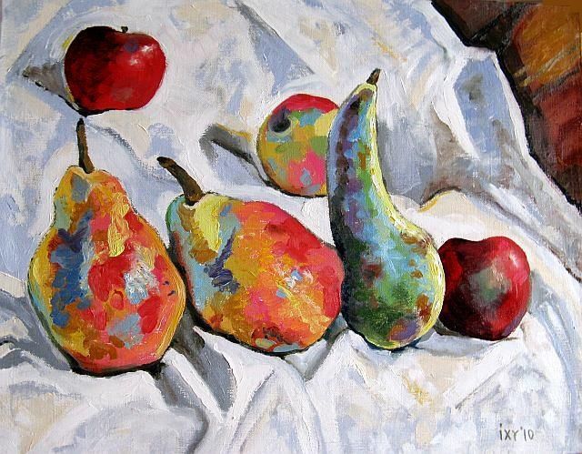Painting titled "Apples and Pears" by Ixygon, Original Artwork, Oil
