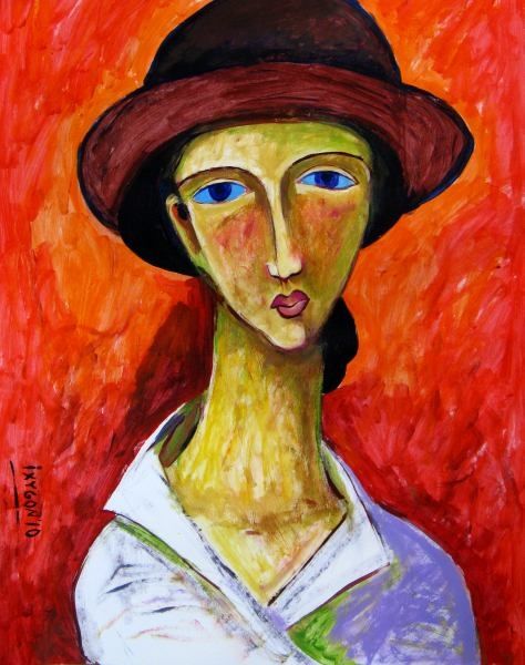 Painting titled "Girl in hat" by Ixygon, Original Artwork, Oil