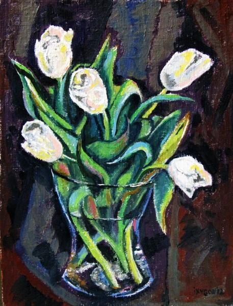 Картина под названием "White tulips" - Ixygon, Подлинное произведение искусства, Масло