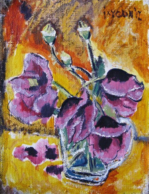 Painting titled "Purple poppy flowers" by Ixygon, Original Artwork, Oil