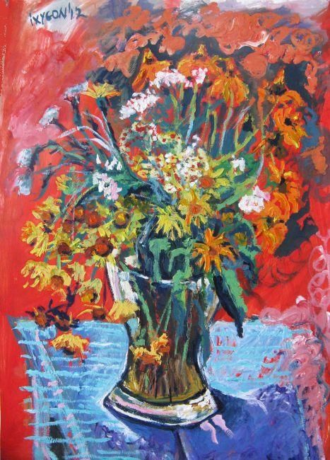 Painting titled "Bouquet on red" by Ixygon, Original Artwork, Oil