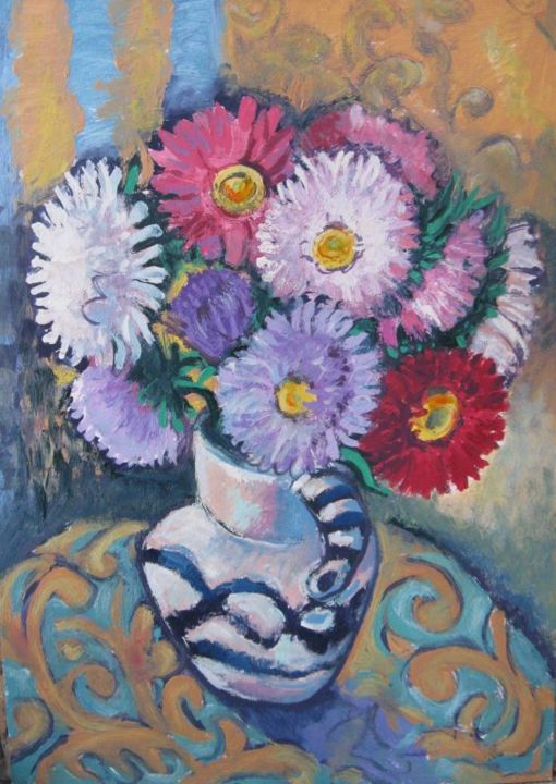 Painting titled "Asters" by Ixygon, Original Artwork, Oil
