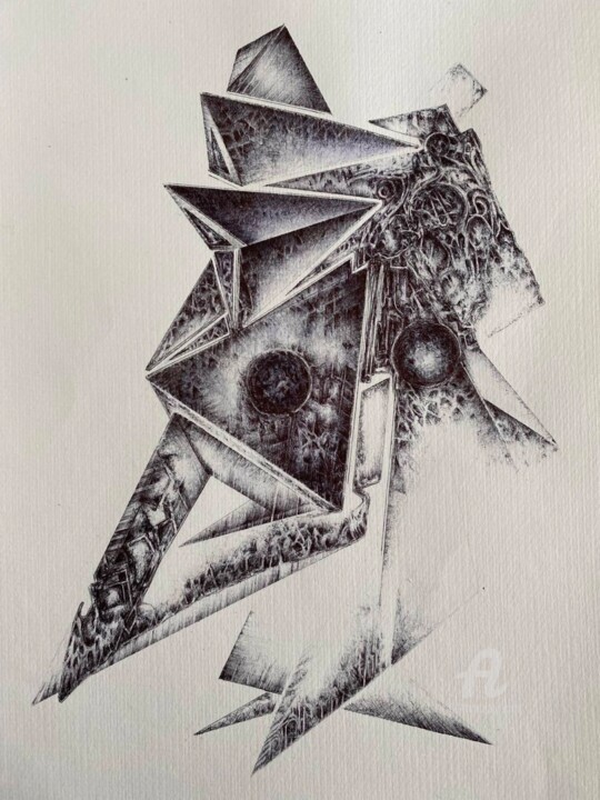 Drawing titled "Triangle Portrait" by Iyad Abbas, Original Artwork, Ballpoint pen