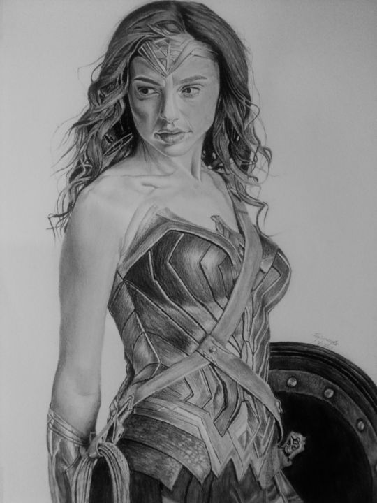 Zeichnungen mit dem Titel "Wonder Woman" von Iyanuoluwapo Akoteyon (Faim arts), Original-Kunstwerk, Kohle