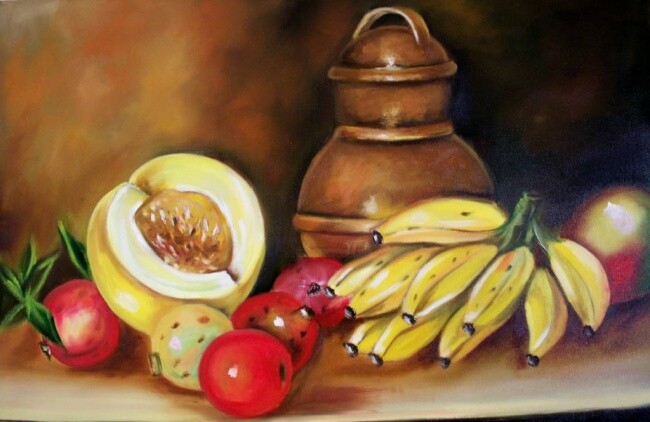 Painting titled "mesa frutas" by Izabel Carvalho, Original Artwork, Other