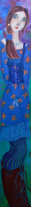 Painting titled "Blue dress with yel…" by Izabela Rostkowska, Original Artwork, Acrylic