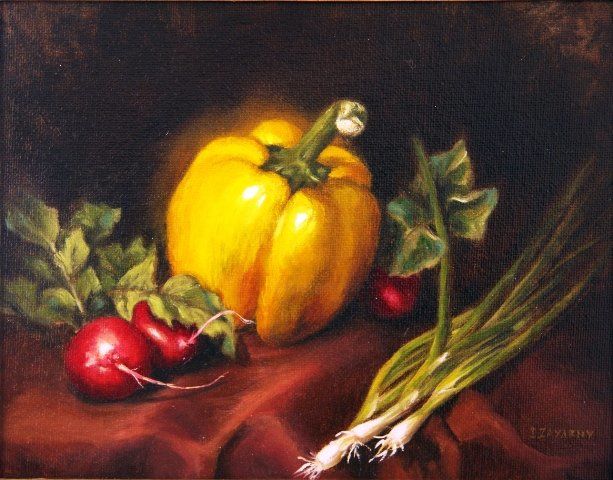Painting titled "Still life with pep…" by Iryna Zayarny, Original Artwork, Oil