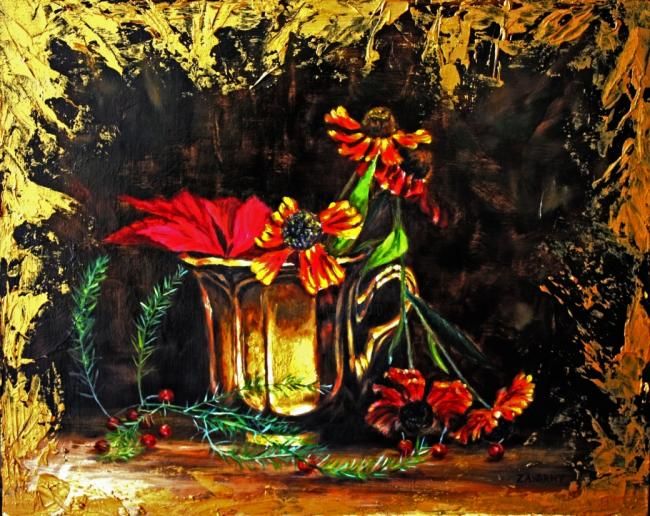 Painting titled "Still life with gol…" by Iryna Zayarny, Original Art, Oil