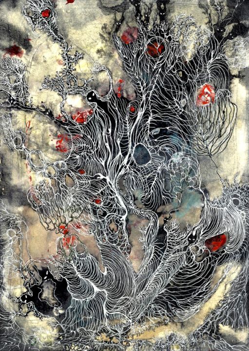 Картина под названием "ORAGEUSES TISSEUSES" - Izabella Ortiz, Подлинное произведение искусства, Чернила