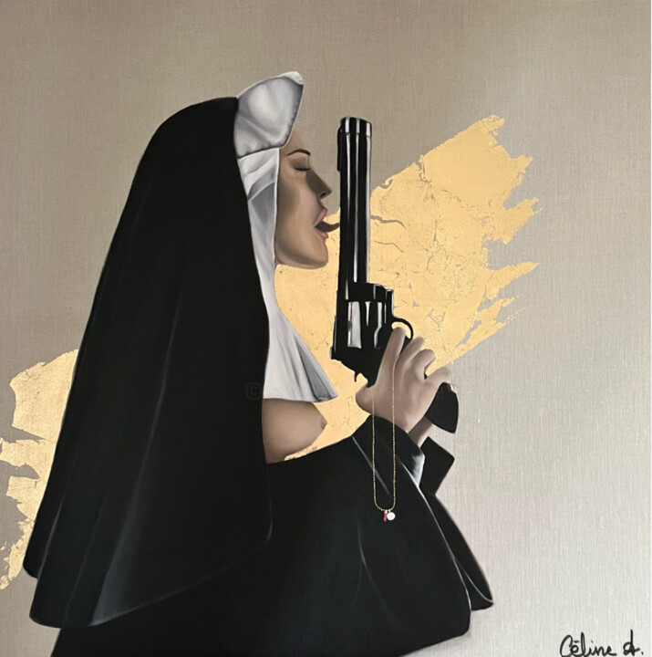 Painting titled "Guerre sexe et reli…" by Céline Aguilar, Original Artwork, Oil Mounted on Wood Stretcher frame
