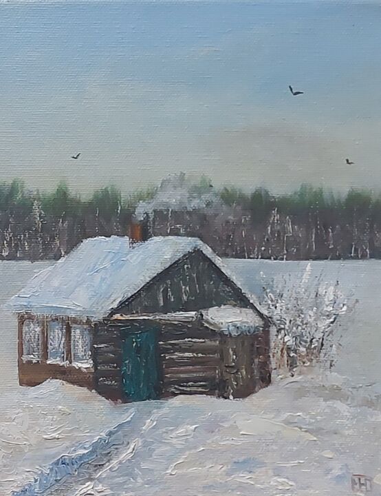 Painting titled "Oil painting winter…" by Iuliia Muraveinikova, Original Artwork, Pastel Mounted on Wood Stretcher frame