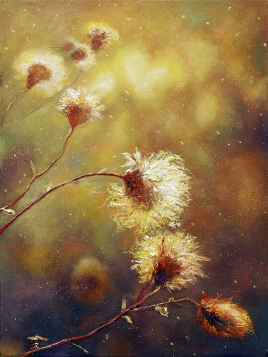 Painting titled "Sunny willow oil pa…" by Iuliia Muraveinikova, Original Artwork, Oil Mounted on Wood Stretcher frame