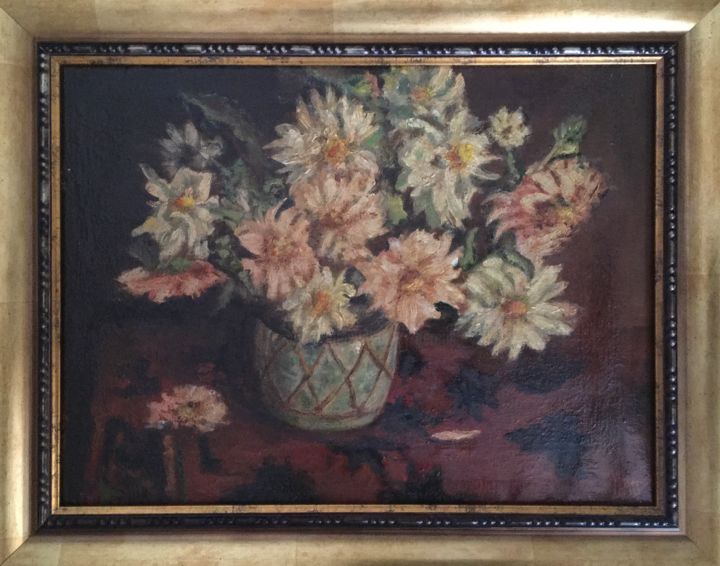 Pittura intitolato "Dahlia’s in bloempot" da J. Berens, Opera d'arte originale, Olio Montato su Telaio per barella in legno