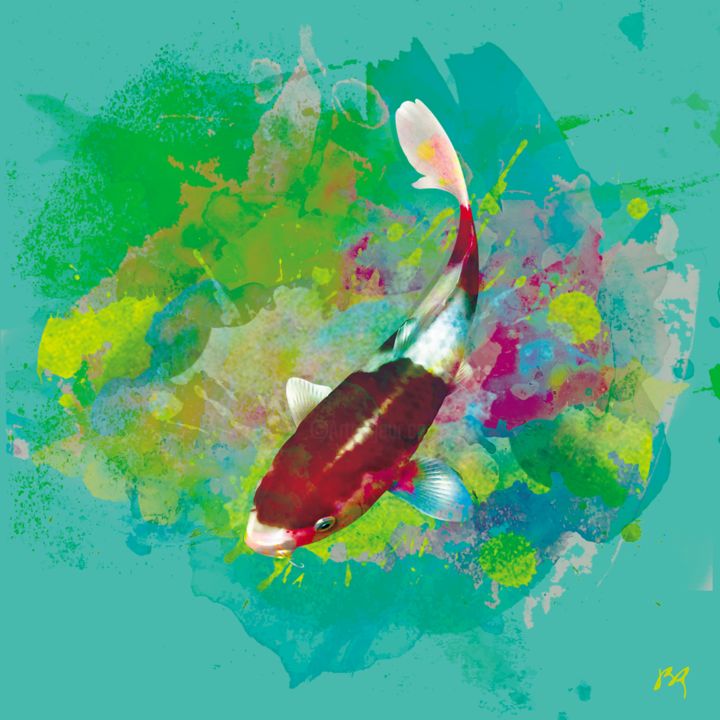 Digitale Kunst mit dem Titel "KOI FISH I" von J. Brobin, Original-Kunstwerk, 2D digitale Arbeit Auf Keilrahmen aus Holz mont…