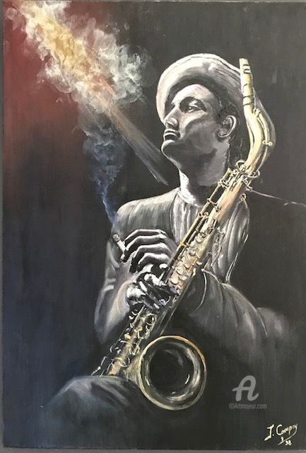 Pittura intitolato "le saxophoniste fum…" da Joseph Campoy, Opera d'arte originale, Olio