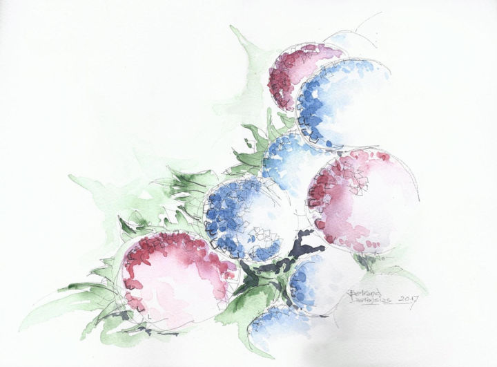 Painting titled "Hortensias" by Jean-François Bertrand, Original Artwork, Watercolor