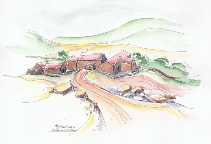 Painting titled "Fermes en Lozère" by Jean-François Bertrand, Original Artwork, Watercolor