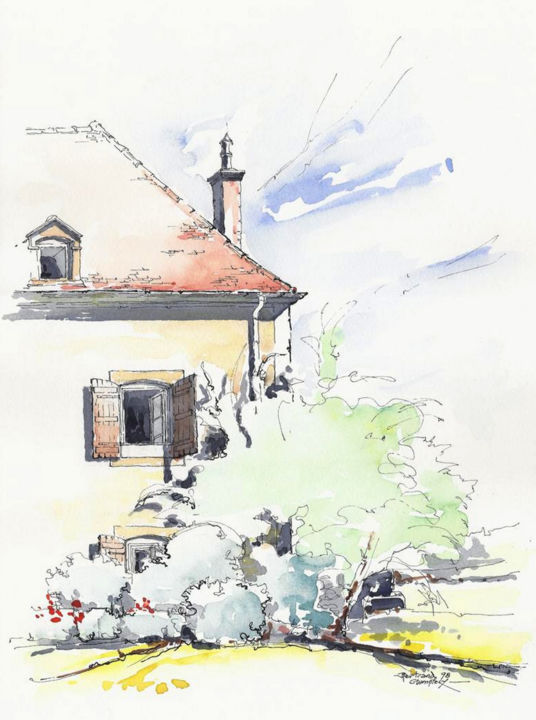 Painting titled "Champlecy - Maison…" by Jean-François Bertrand, Original Artwork, Watercolor